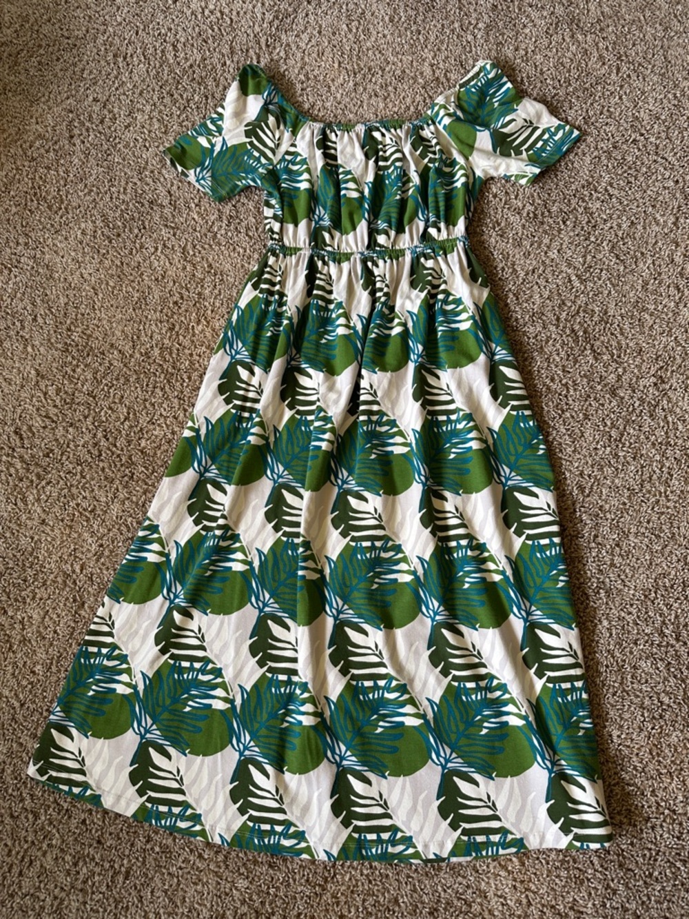 Mata Traders Green and Teal Leaf Off-Shoulder Women’s Small  Dress Tropical